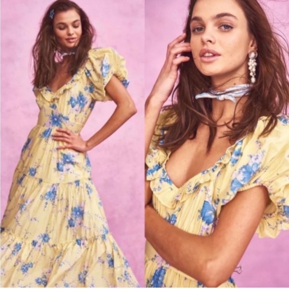 LoveShackFancy Dress Emory Midi in Yellow Blue Floral - Picture 3 of 6
